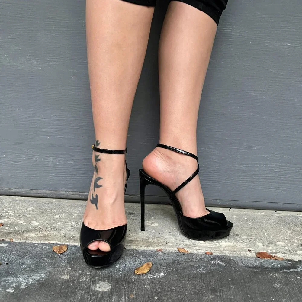 Yves Saint Laurent Kika patent leather peep toe platform ankle strap heels 8